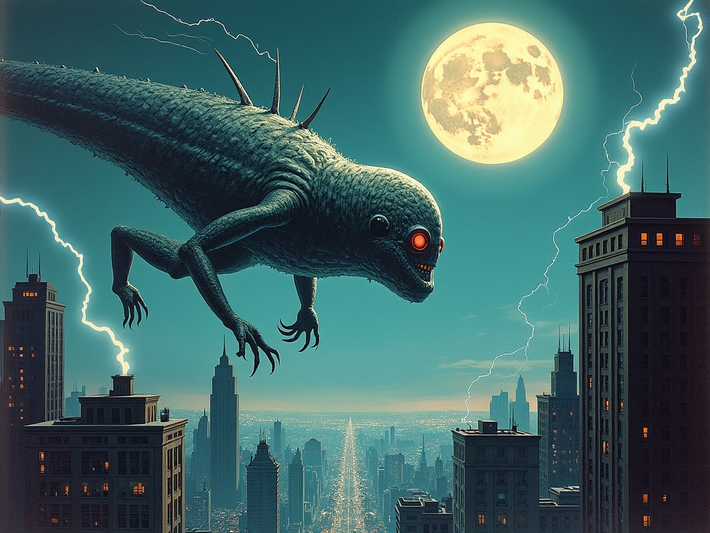 In this seventies comic book cover artwork called 'Electrospoon', a massive, electric spoon-like creature flies over an urban landscape under a full moon. The metallic texture of the creature contrasts with the darkened, mysterious buildings. Lightning bolts shoot from the rooftops, emphasizing the scale and surreal nature of the scene. The creature's glowing red eyes add an eerie effect to the atmosphere. This image evokes a sense of wonder and trepidation, suggesting an exciting narrative of exploration and confrontation with the unknown.