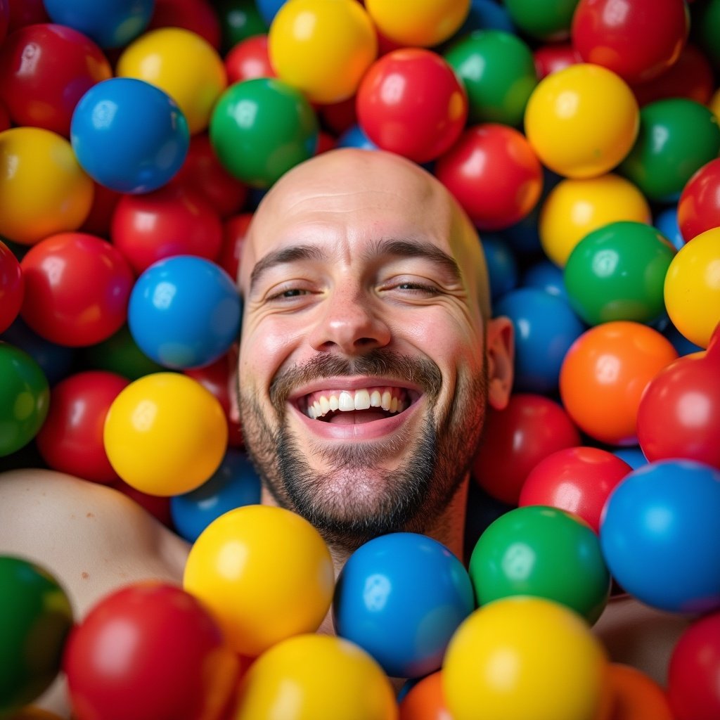 A bald man lies in a ball pit filled with colorful plastic balls. He is smiling and surrounded by red, green, yellow, and blue balls.