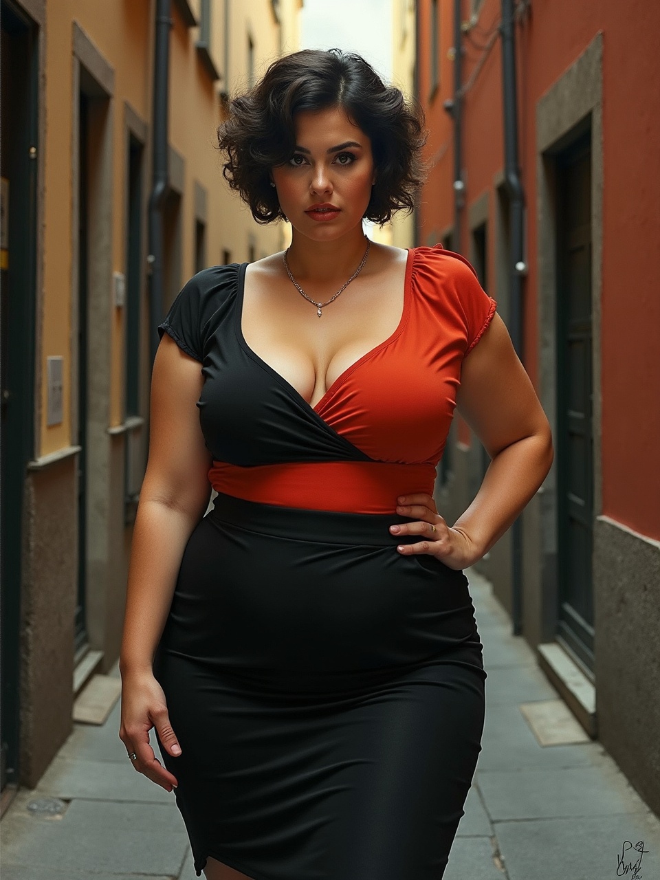 A woman stands confidently in a narrow urban alley, wearing a striking two-toned dress. The red and black dress accentuates her figure and contrasts with the muted tones of the buildings around her. Her expression and posture convey a strong sense of self-assurance amidst the urban backdrop.