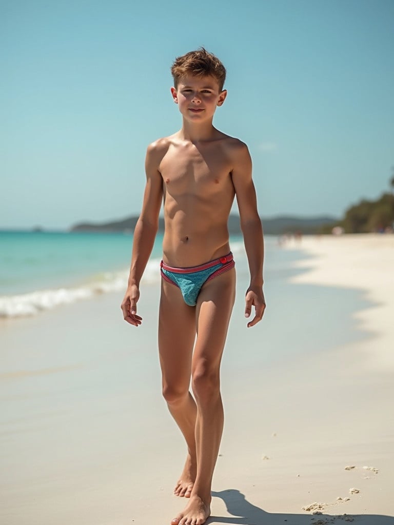 Young muscular slim teenage boy shirtless walking along the beach wearing a g-string style loincloth