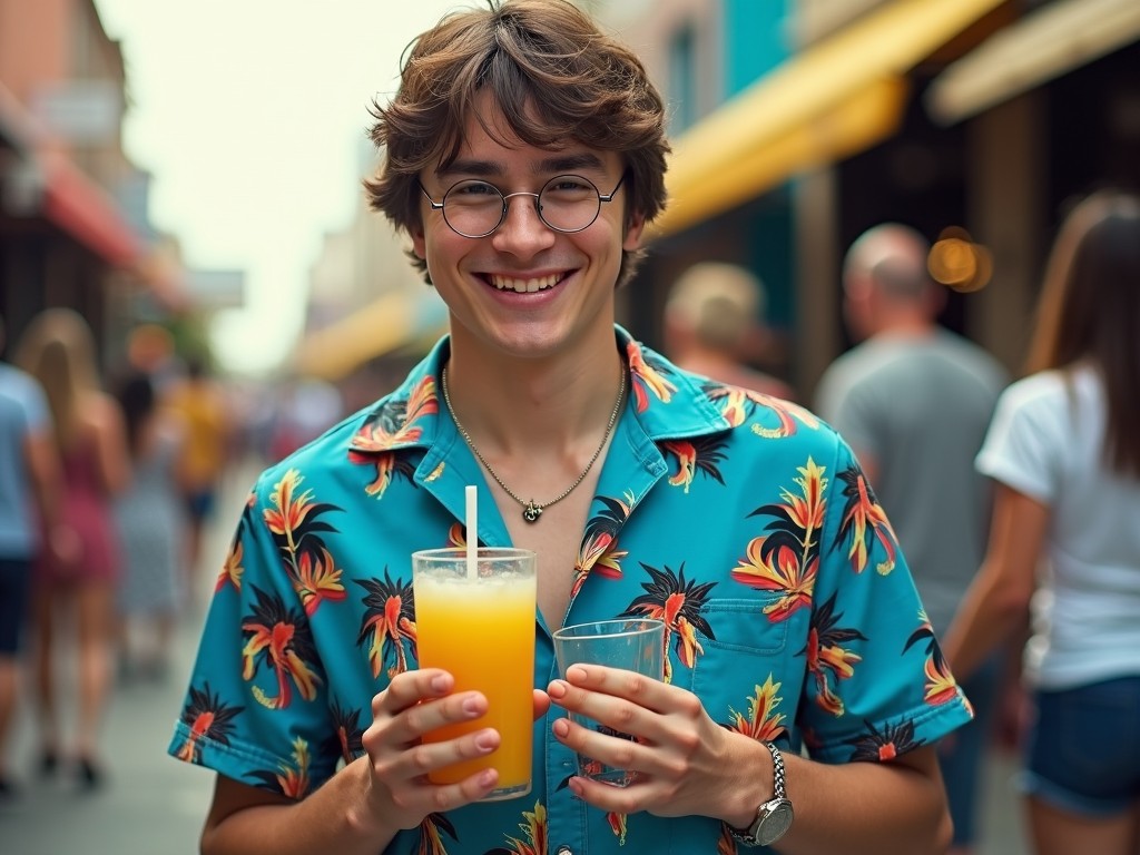 A young man smiling in a crowded street, wearing a floral shirt and holding a glass of orange drink.