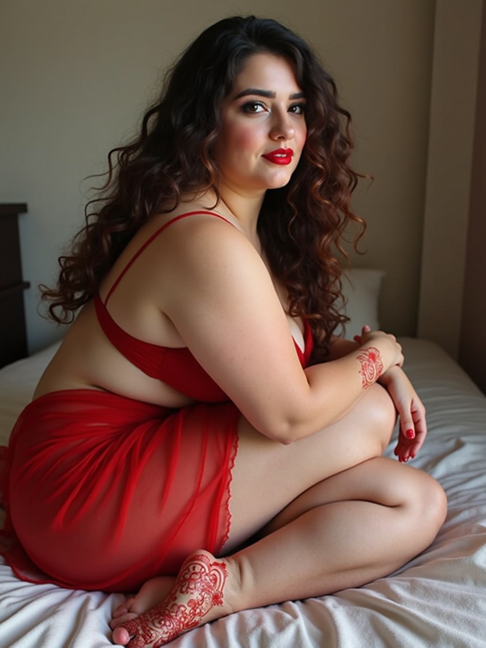 A woman with long curly hair poses gracefully on a bed, wearing a red outfit that complements the soft natural light filtering into the room. Henna designs adorn her hand and foot, adding an artistic touch to the image. The setting is intimate and serene, emphasizing the elegance and confidence of the woman.