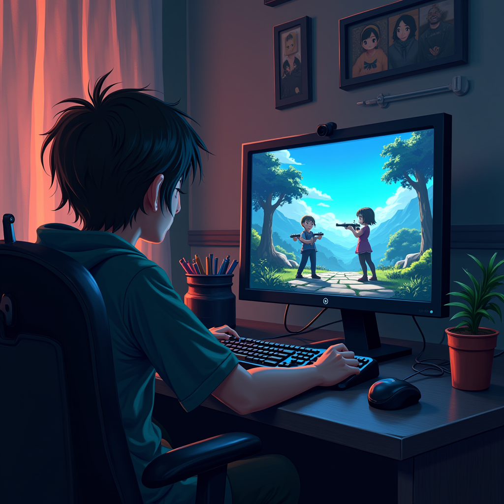 A person sits at a computer desk playing a game with two characters holding weapons in a lush, virtual world.