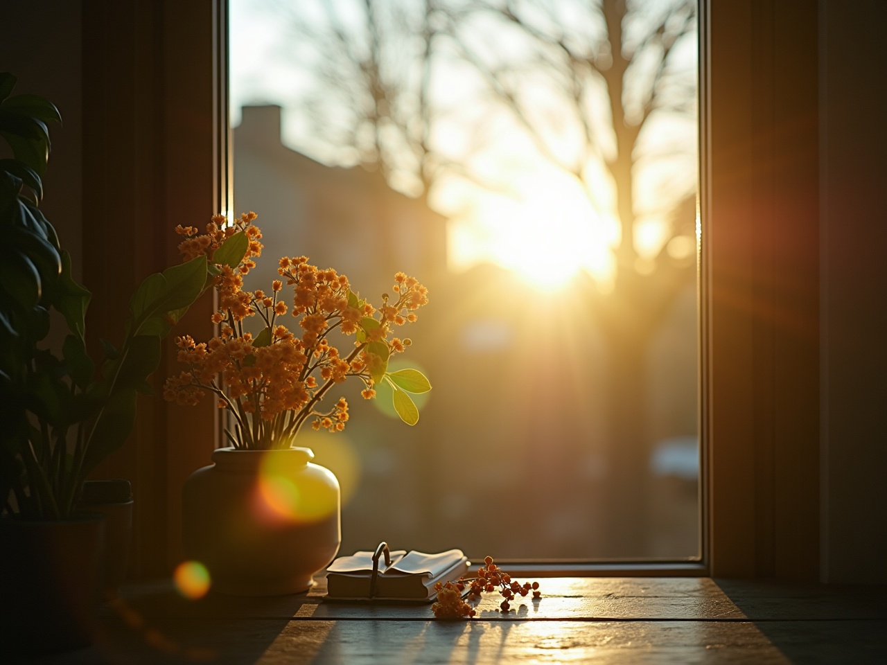 The image features a warm, inviting scene of sunlight filtering through a window. In the foreground, a vase filled with vibrant flowers adds a touch of nature indoors. The sunlight casts a golden hue across the room, creating a peaceful atmosphere. Outside the window, the silhouettes of trees are visible, highlighting the beauty of natural light. This composition evokes feelings of warmth and tranquility, making it perfect for home decor inspiration.