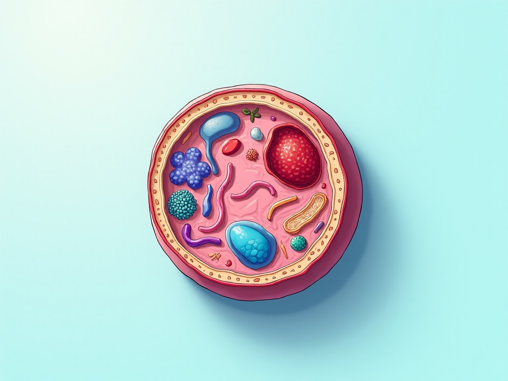 An illustration of a cross-section of a cell showing various organelles on a light blue background.