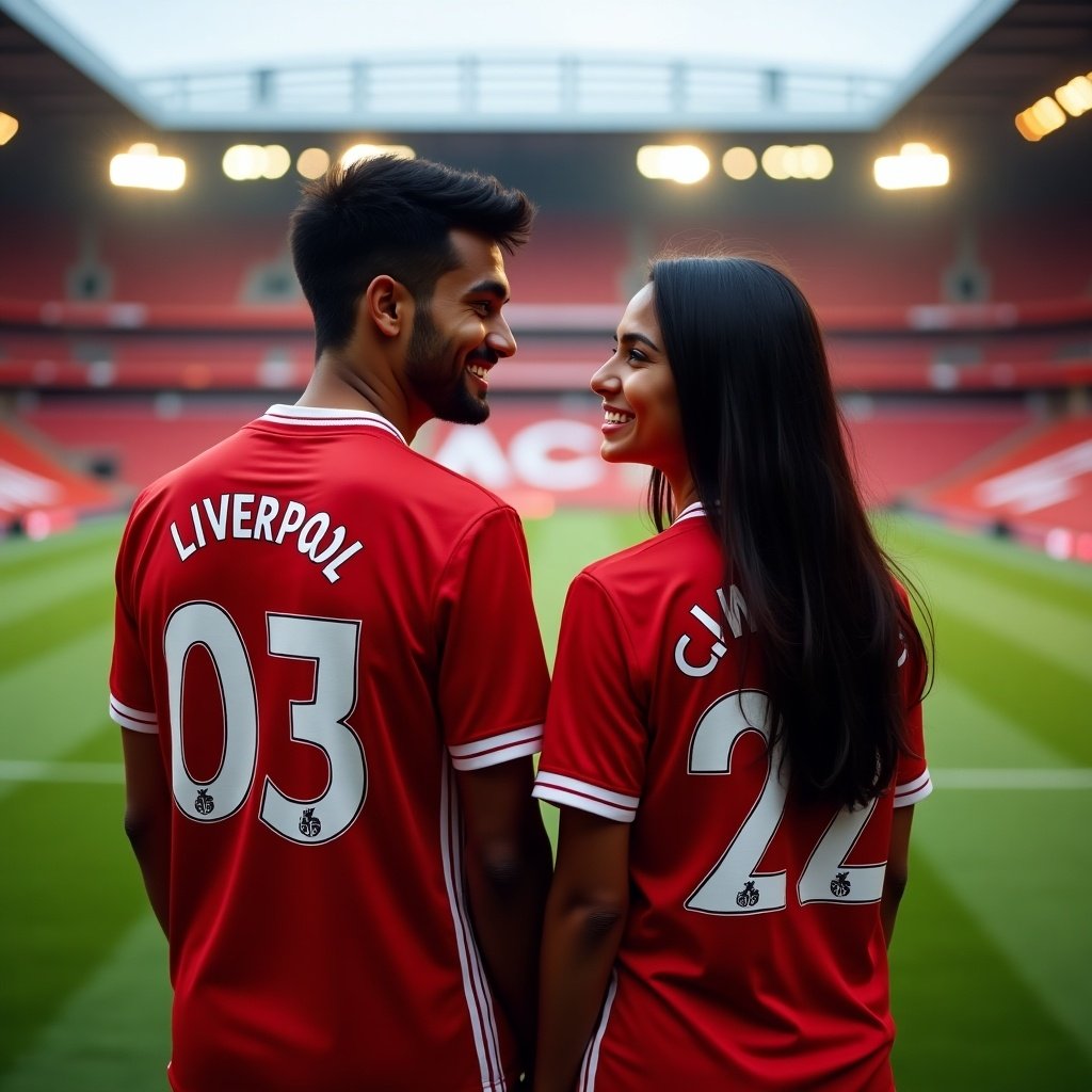 A young man and woman stand close together in a stadium wearing Liverpool Football Club jerseys. The man wears jersey number 03, and the woman wears jersey number 22. They share smiles, reflecting a warm connection. The empty stadium glows with warm orange lights, creating a lively atmosphere. Their joyful expressions illustrate the spirit of sport and togetherness with a strong emphasis on football fandom.