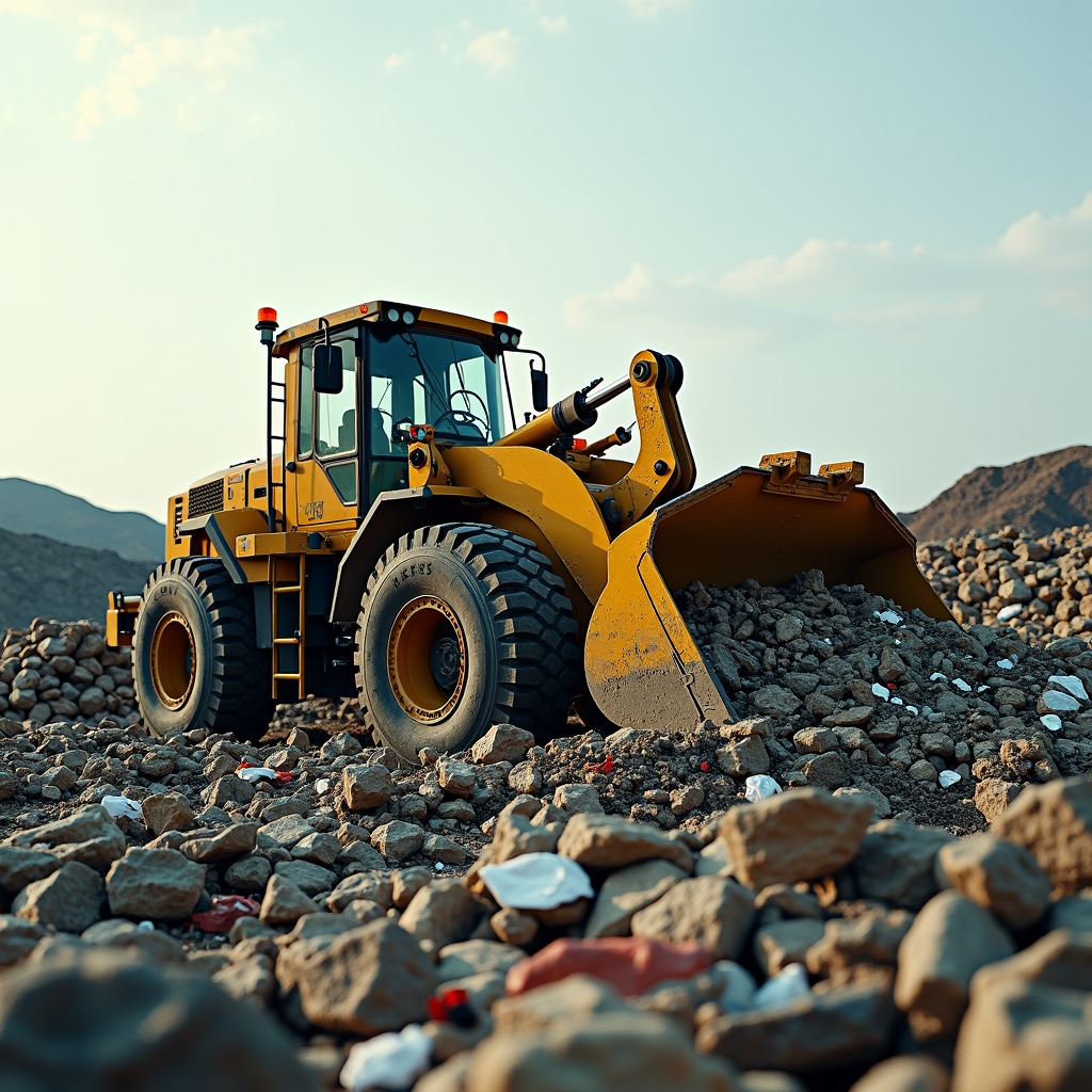 A yellow excavator is moving a pile of rocks and rubble against a clear sky.