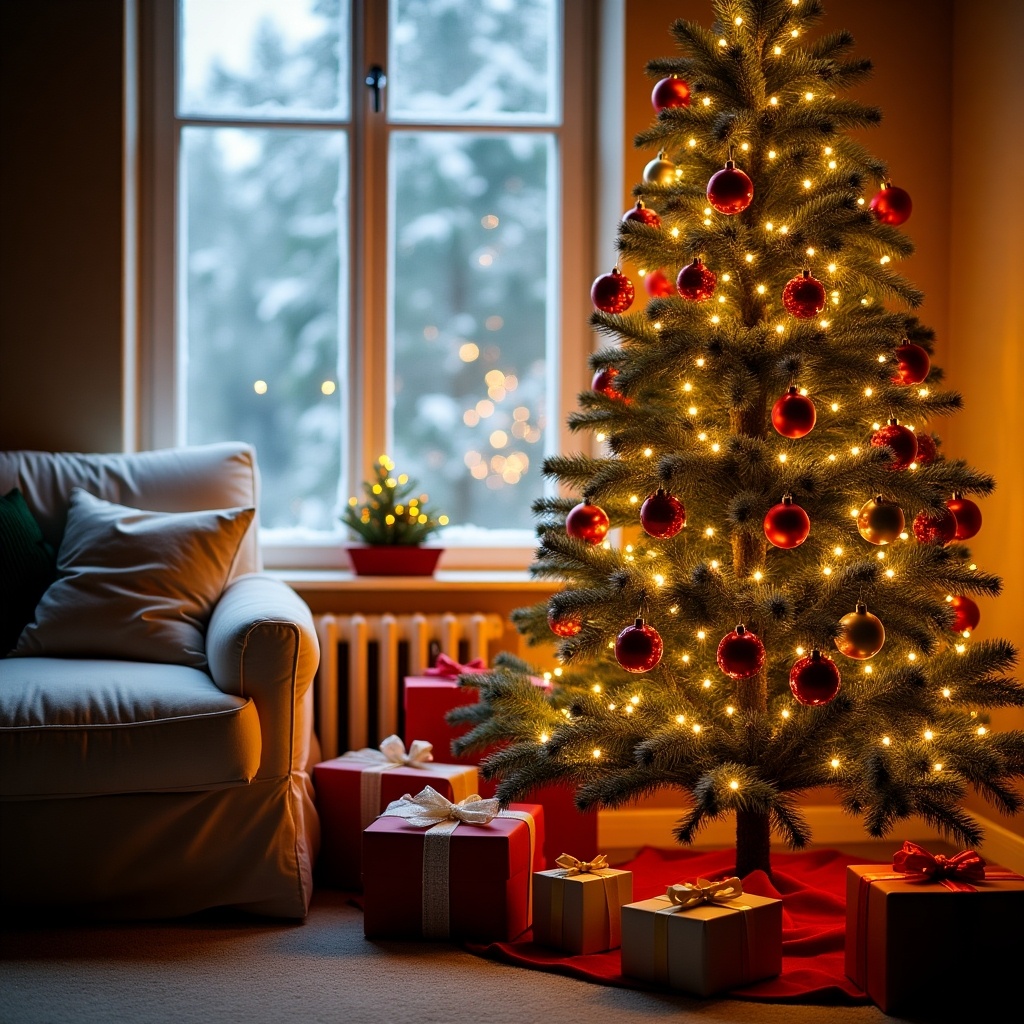 The image represents a beautifully decorated Christmas tree in a cozy living room. The tree is adorned with red ornaments and sparkling lights, creating a warm and inviting glow. Underneath, there are neatly wrapped gifts in festive boxes with ribbons. Nearby, a comfortable sofa adds to the homey atmosphere. Outside the window, a snowy landscape complements the seasonal theme. This setting evokes feelings of joy and celebration, perfect for the Christmas season.