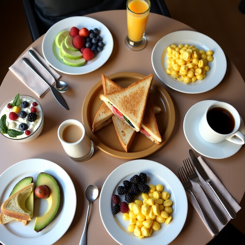 Table set with a variety of breakfast foods. Includes a toast sandwich, scrambled eggs, avocado, coffee, and yogurts containing berries and apples. Orange juice and fresh fruits arranged attractively.