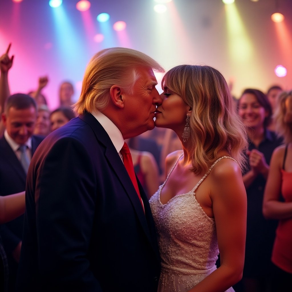 Donald Trump kissing Taylor Swift on a lively event scene. Colorful lights create an energetic atmosphere. A crowd is visible in the background. The focus is on the interaction between the two celebrities.