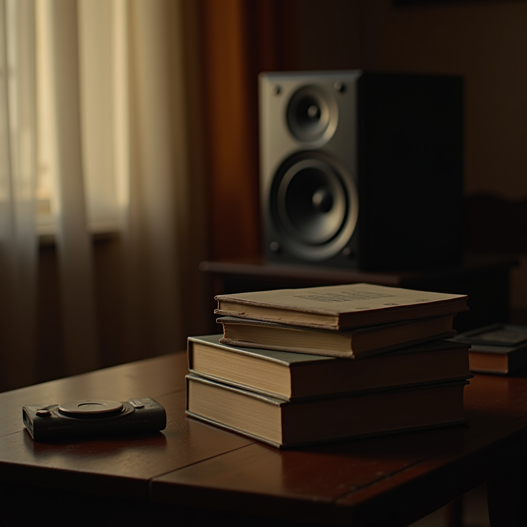 A stack of books and a camera sit on a wooden table next to a speaker in soft lighting.