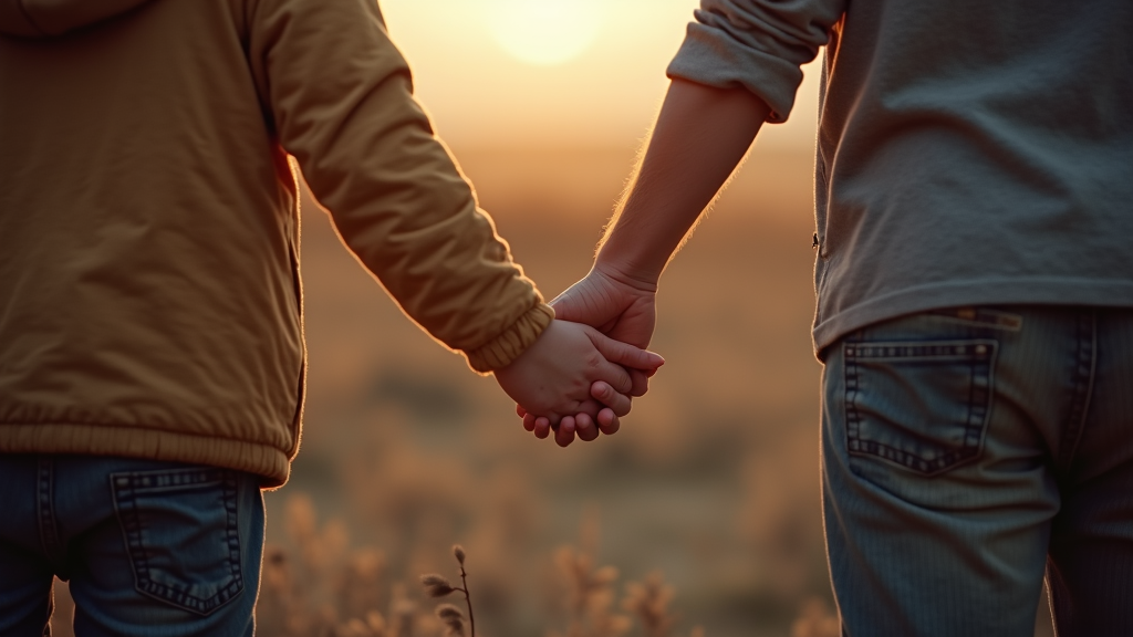 Two people, one wearing a yellow jacket, hold hands while facing a scenic sunset.