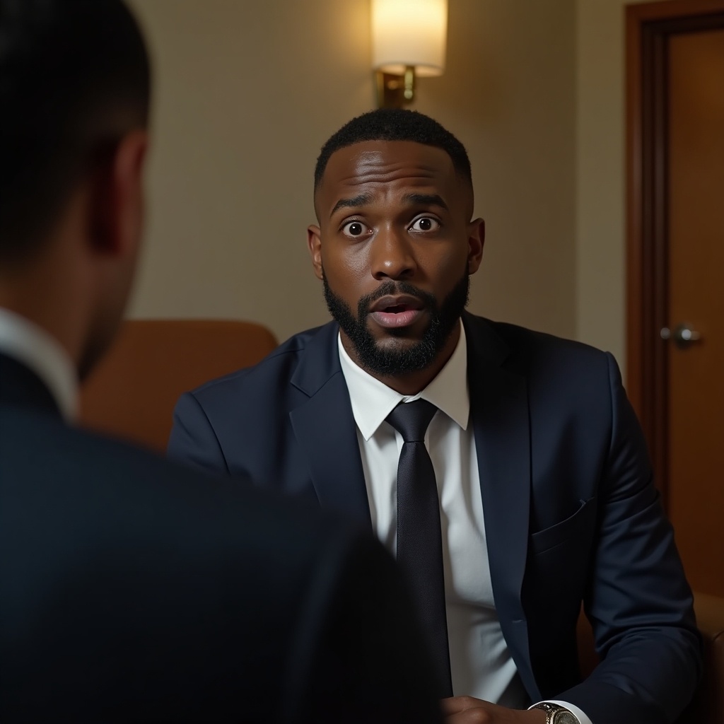 The image captures a moment in an interview setting. A black man in a sharp suit expresses shock and disbelief, suggesting he is overwhelmed by a personal question. He responds with a surprising statement about having 24 children with 23 different mothers, showcasing a dramatic facial expression. The setting is warm and inviting, contrasting with the intensity of the conversation. The scene invites viewers to consider themes of fatherhood and responsibility in a contemporary context.