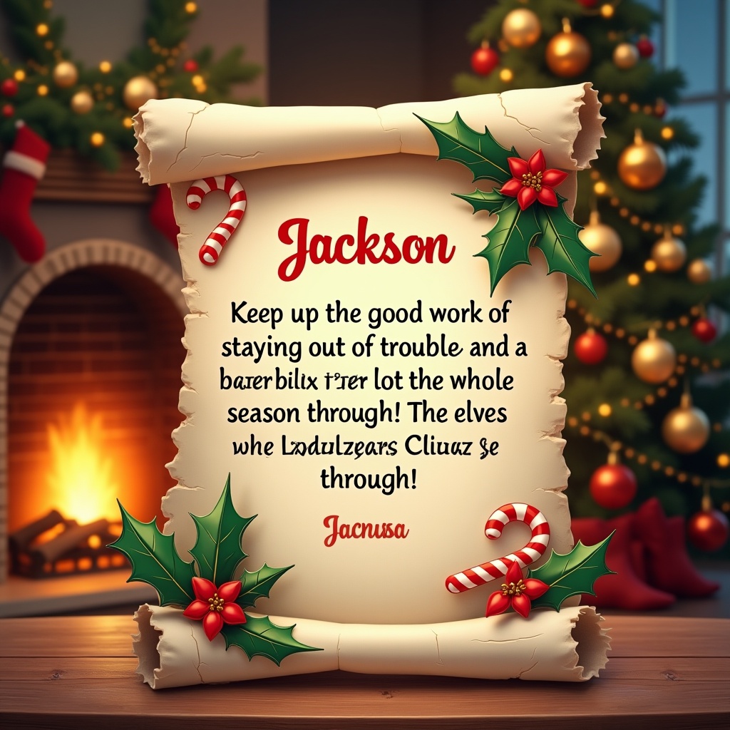 A festive letter from Santa Claus to Jackson. Scroll decorated with holly and candy canes. Cozy fireplace and Christmas tree in the background.