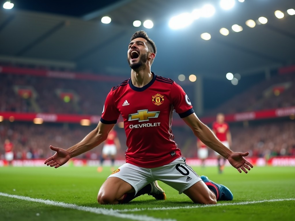 The image depicts a soccer player wearing a Manchester United 2022 uniform, joyfully sliding on the field after scoring a goal. His excitement is palpable as he celebrates this achievement. In the background, a vibrant stadium is filled with enthusiastic fans cheering for their team. Bright lights illuminate the scene, enhancing the thrilling atmosphere. This moment encapsulates the passion and excitement of soccer, showcasing the player’s triumph and the support from the crowd.