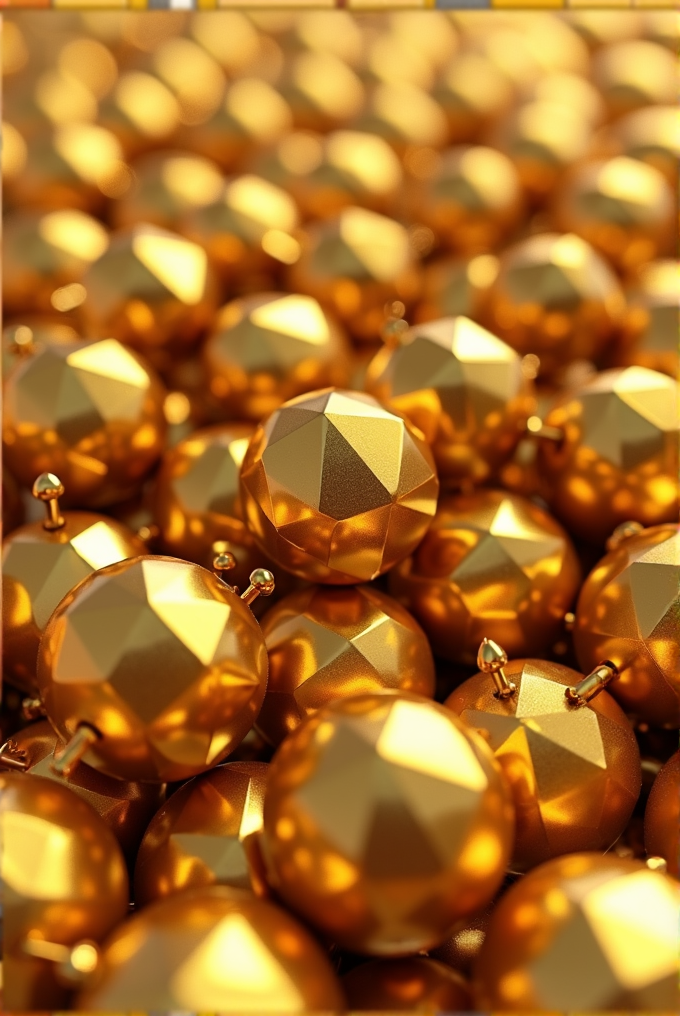 A close-up of reflective gold-toned geometric spheres densely packed together, creating an abstract textured surface.