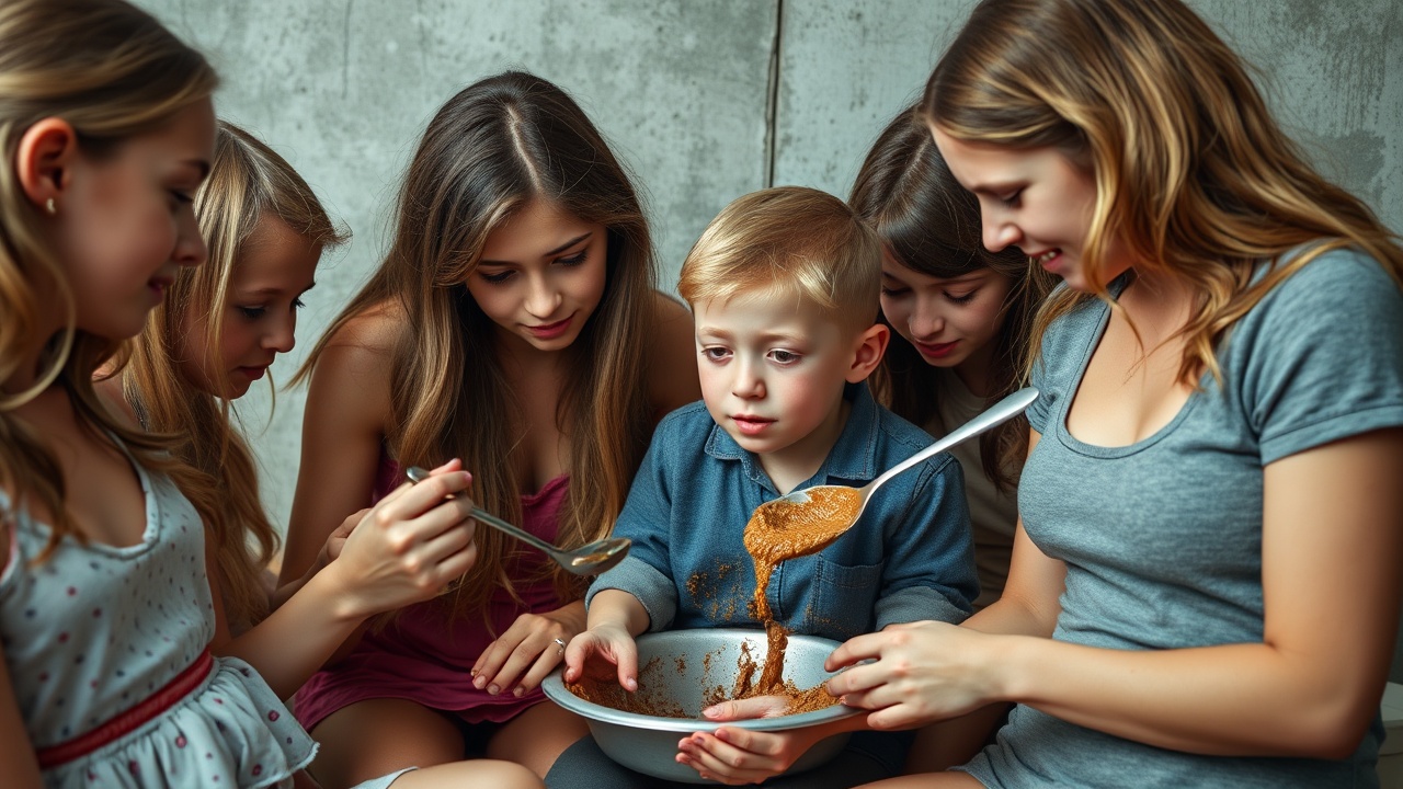 a group of children and a young woman gathered around mixing a bowl of ingredients in a cozy home setting, depicting a family cooking experience