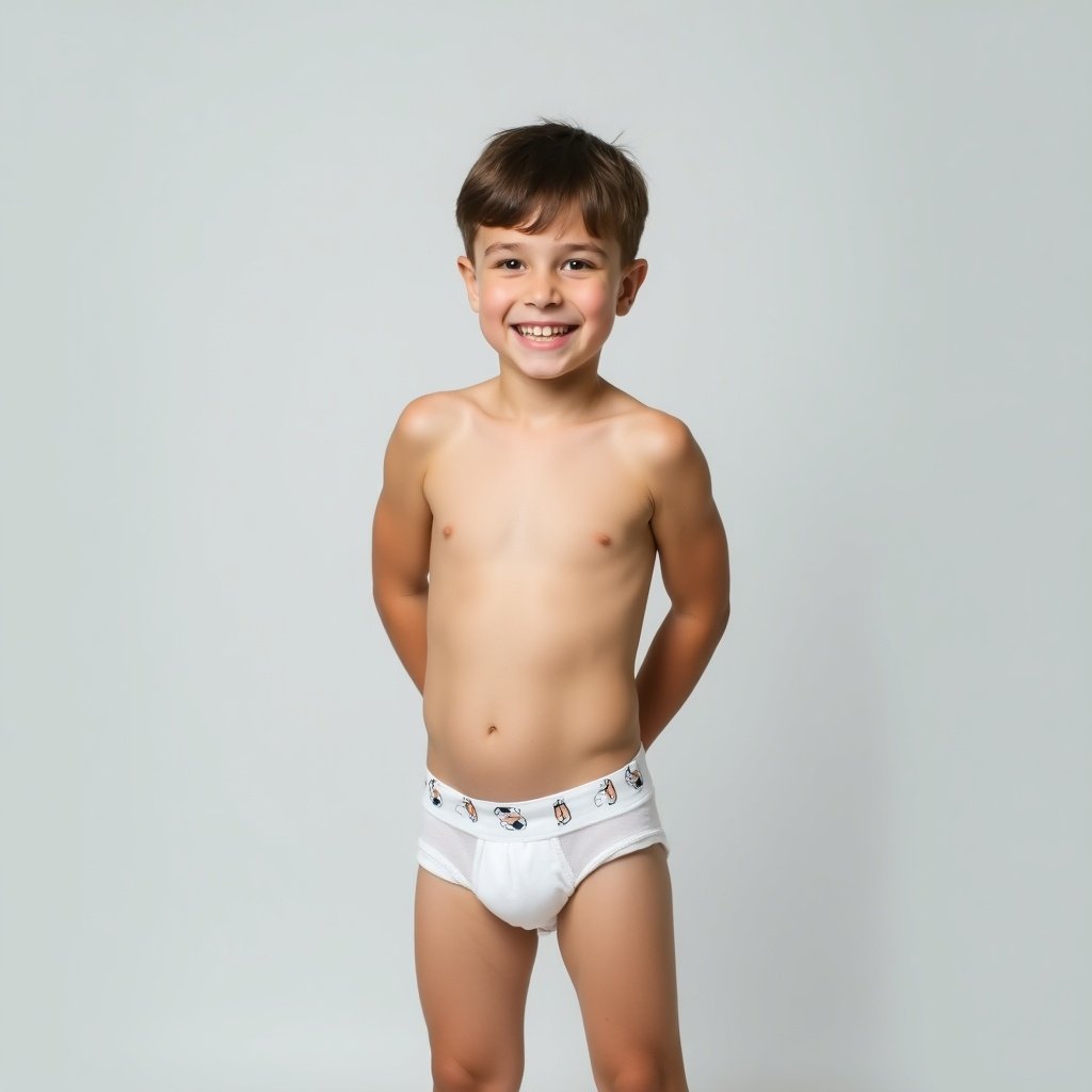 Young boy standing upright against a light gray background. Wearing white cartoon underwear. Looks natural and smiles. Soft even lighting creates calm atmosphere. Pose is confident and relaxed, showcasing playfulness and innocence. Minimalistic style draws focus to subject. 