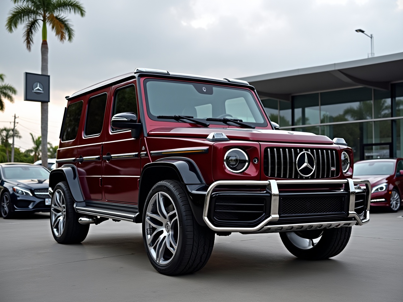 Image of a dark bordeaux Mercedes G63 AMG with black glossy trim and big silver wheels. The SUV has chrome accents and is located at a Mercedes dealership. The weather is cloudy in the late afternoon with parked cars in the background.