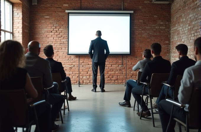 A man in a suit is giving a presentation to an audience seated in a room with brick walls.