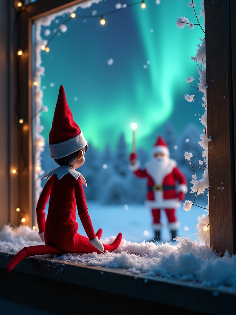 An elf on the shelf sits at the window. The elf faces the sky. A wand is held by the elf. Magical northern lights shine in the background. Santa Claus is outside in the snow.