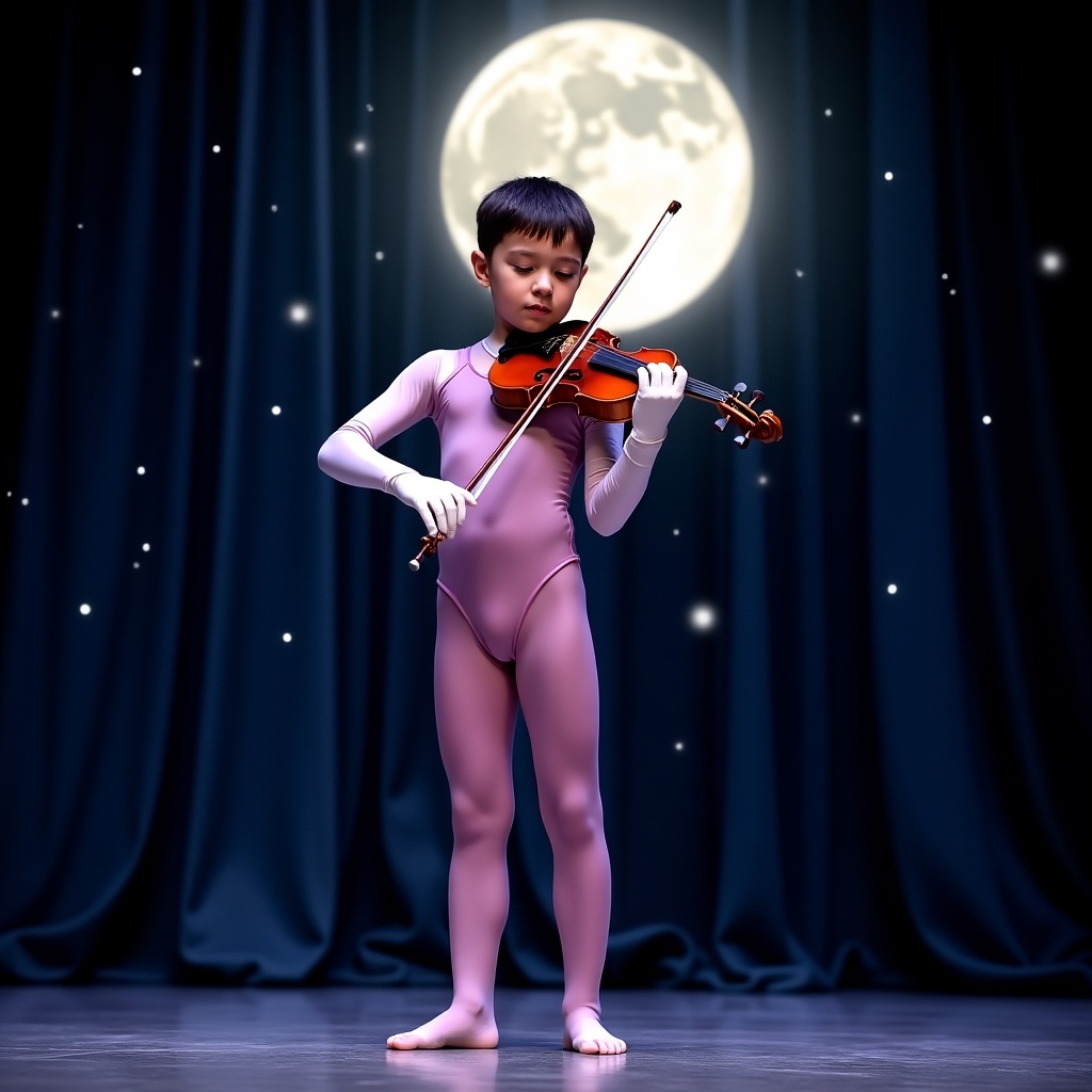 A young performer skillfully plays the violin. The child wears shiny dark lilac tights, a pink long-sleeve swimsuit, and white gloves. Dark curtains flow in the background. A large moon casts a luminous glow. The focus is on the child's dedication and artistic talent.