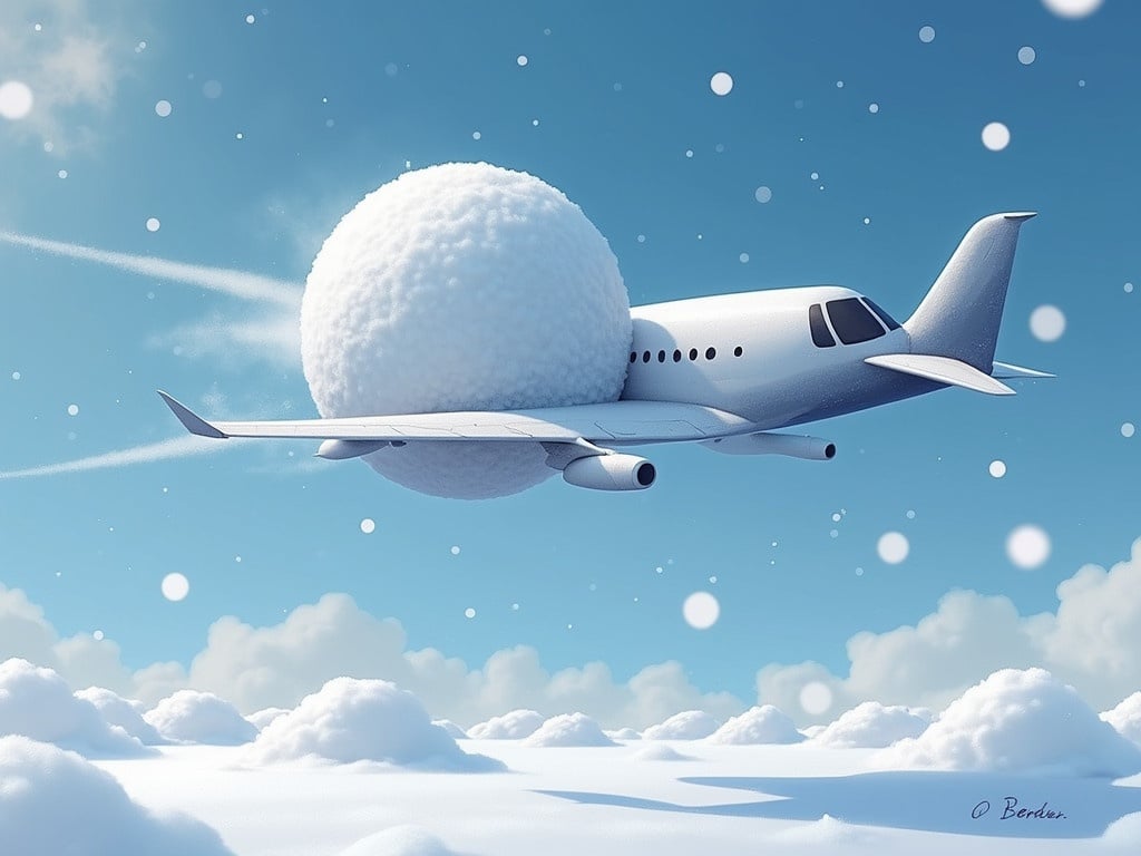 Plane carrying an oversized snowball flies through a clear winter sky with fluffy clouds.