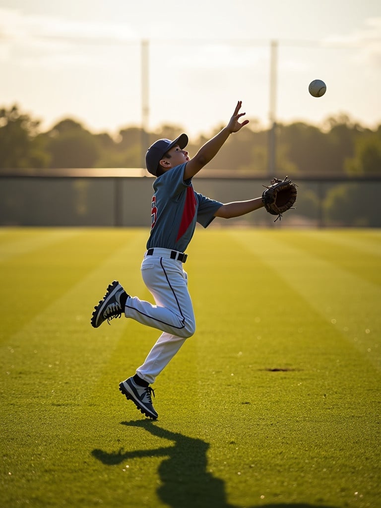 Teen boy catches a baseball in the outfield. He wears a baseball mitt. Grass fields surround him. The background shows trees. The sunlight is warm and diffused. The boy is in motion, reaching up.