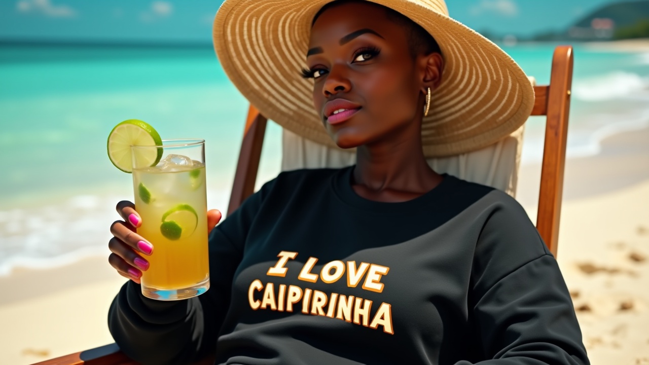 A woman relaxing on a beach, wearing a sun hat and a black tee with 'I Love Caipirinha' text, holding a glass of caipirinha with lime garnish. The background features a turquoise ocean and sandy beach, creating a vacation atmosphere.