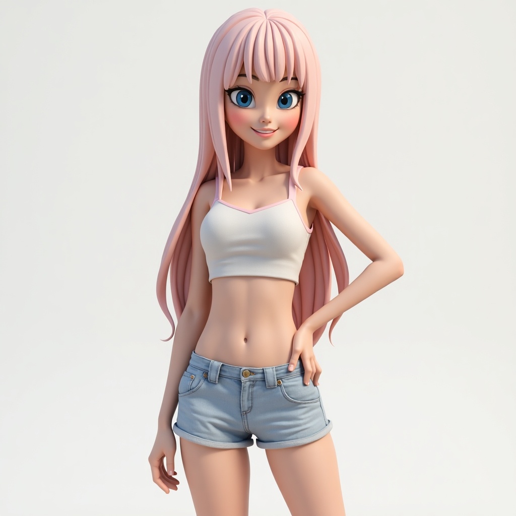 Full body representation of an anime girl created in 3D using Blender. Character features long pink hair, casual attire consisting of a crop top and shorts. Stand in a relaxed pose against a neutral background.