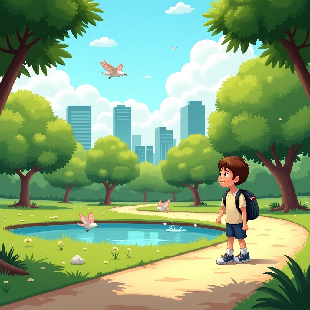 A serene park scene. A young boy walks down a winding pathway. He wears a light shirt and shorts, carrying a backpack. Surrounding him are lush green trees and a small pond. Birds fly above and are seen on the ground, creating a peaceful atmosphere. In the background, tall buildings hint at an urban setting. The clear sky with a few scattered clouds suggests a beautiful day.