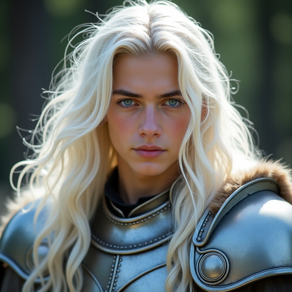 Handsome young man with long white hair and blue eyes. Wearing armor as pure as his soul.