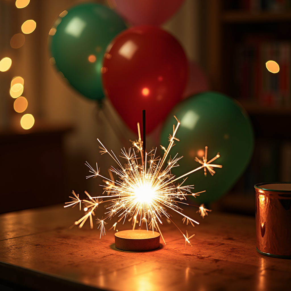 A lit sparkler radiates bright, sparkling light on a wooden table surrounded by colorful, softly-focused balloons against a warm, ambient background.