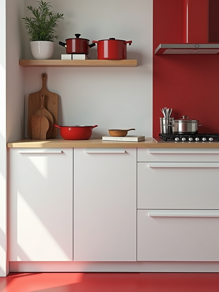 A modern kitchen with red and white decor, featuring red cookware, white cabinets, and wooden accents.