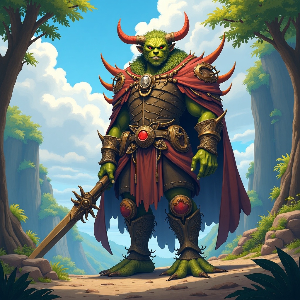 Large green warrior stands proudly among trees. Horned head and ornate armor. Holding a sword. Scenic background with clouds and cliffs.