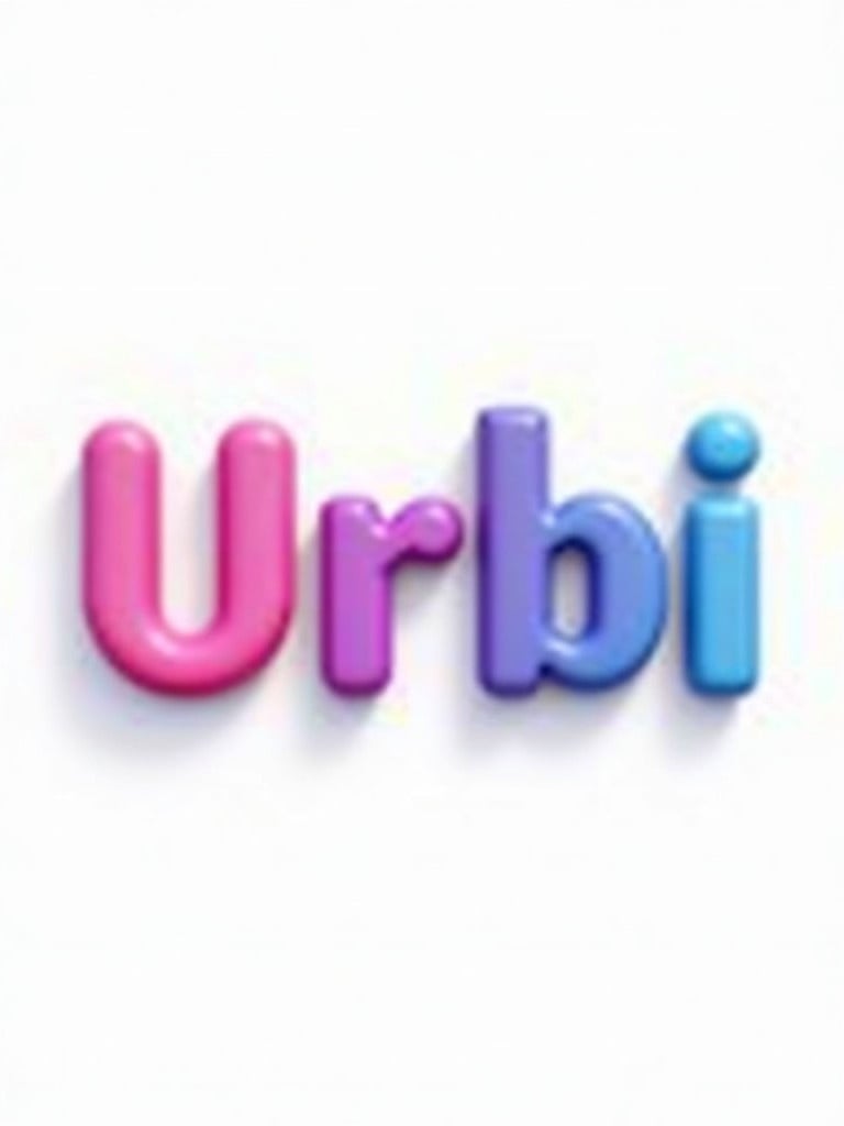 Glossy word graphic that says Urbi. Rounded 3D letters in vibrant pink and blue on a bold white background.