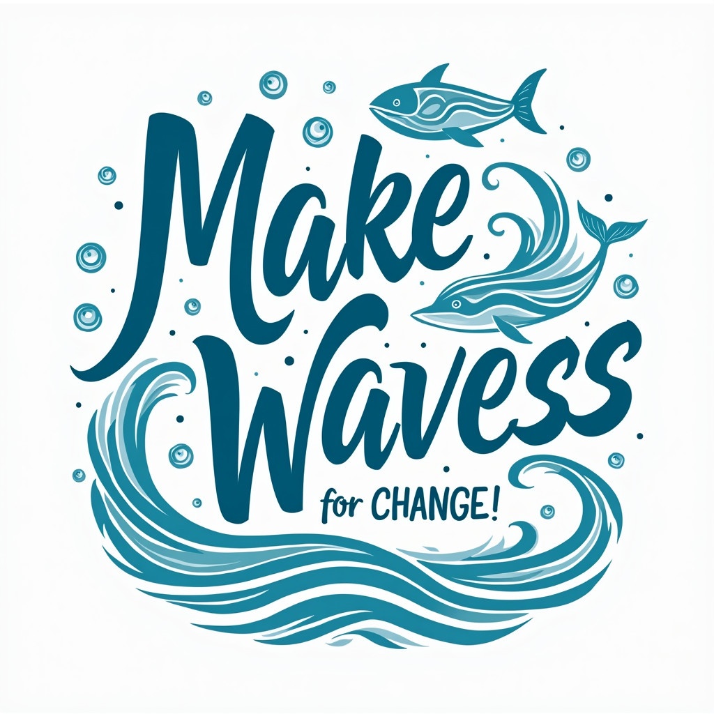 Design features stylized waves. Two fish are swimming above the waves. Text written in flowing wavy font reads 'Make Waves for Change'. The overall color scheme is made of teal and navy blue with white accents. Focus on the energetic and inspiring message.