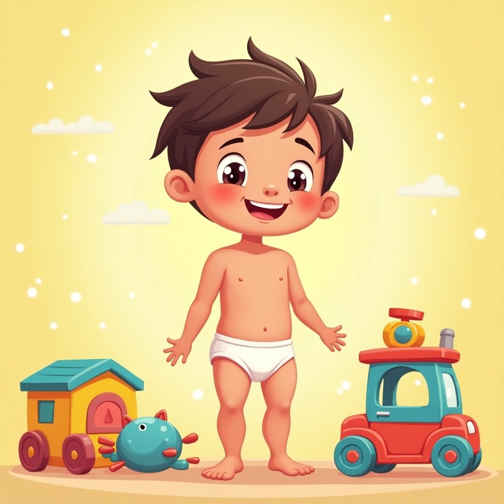 Cute cartoon boy standing with a smile. He wears only white underwear. Toys are positioned beside him. Background is bright yellow with a playful atmosphere.