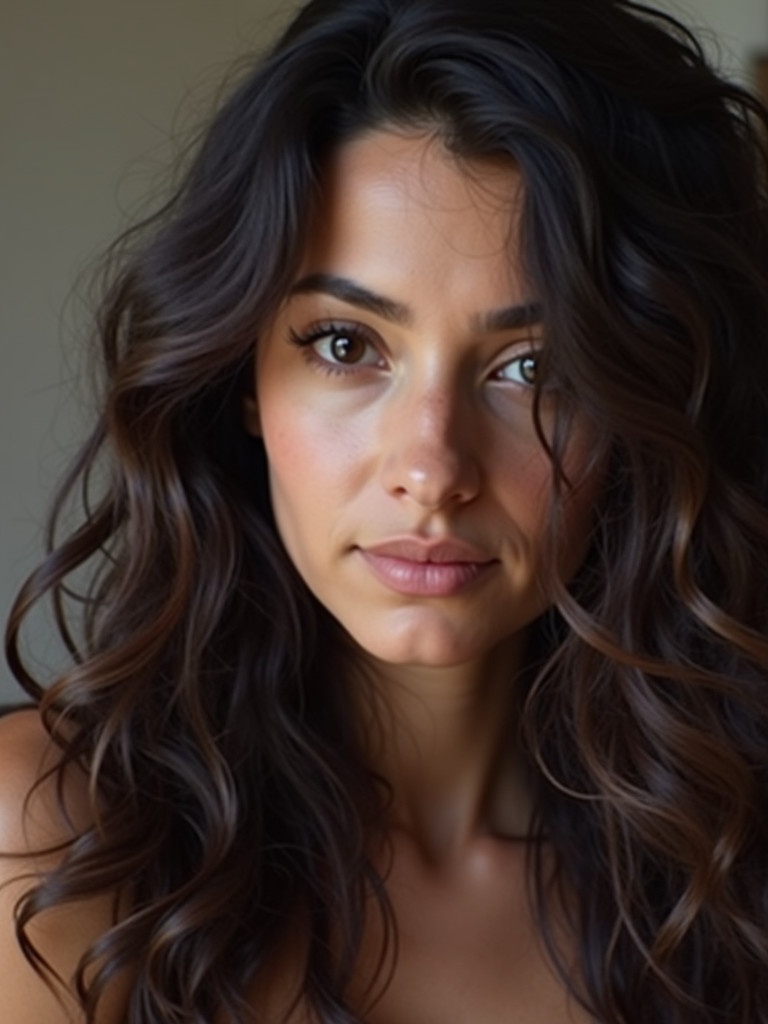 Person with long curly hair looking at the camera. Soft lighting highlights features.