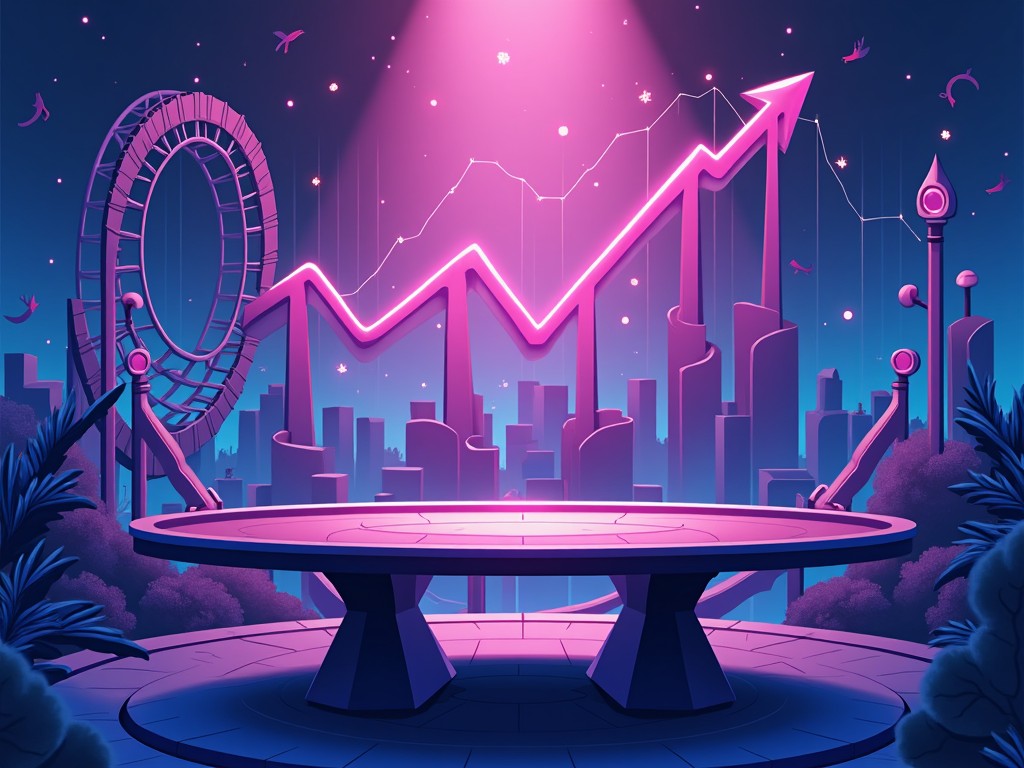 The image showcases a stunning digital art piece featuring a prominent upward trend graph rendered in vibrant purple and blue tones. Centered on a modern table, the graph symbolizes financial growth and market success, capturing the essence of trading. Surrounding elements include futuristic city silhouettes and a whimsical rollercoaster, adding to the atmosphere of excitement and ambition. Soft pink lighting casts an enchanting glow, enhancing the overall aesthetic. The design embodies themes of achievement and strategic risk-taking, appealing to aspiring and seasoned traders alike.