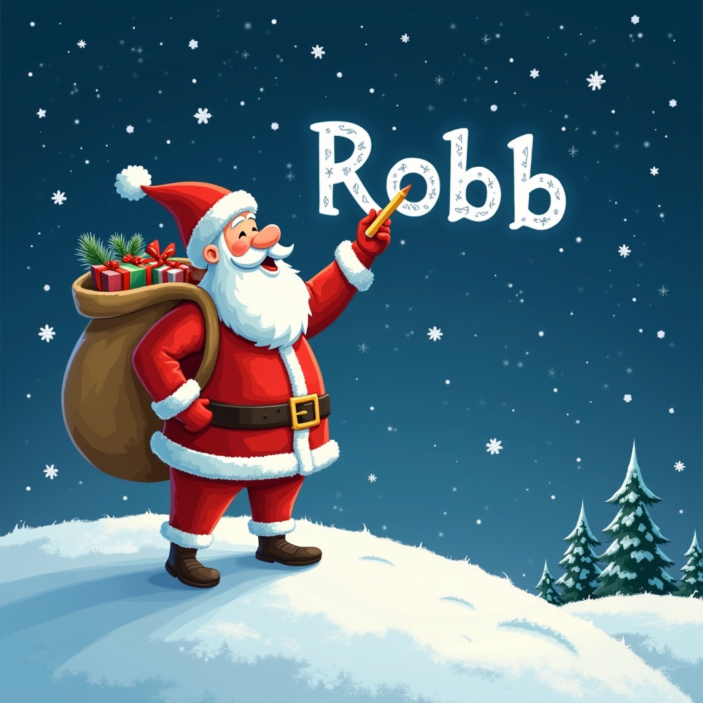 Santa Claus stands on snowy hill in starry night. Santa writes names in the sky with a pencil. He wears red and white outfit. A large sack of gifts is on his back. The name 'Robb' is shown in whimsical font.