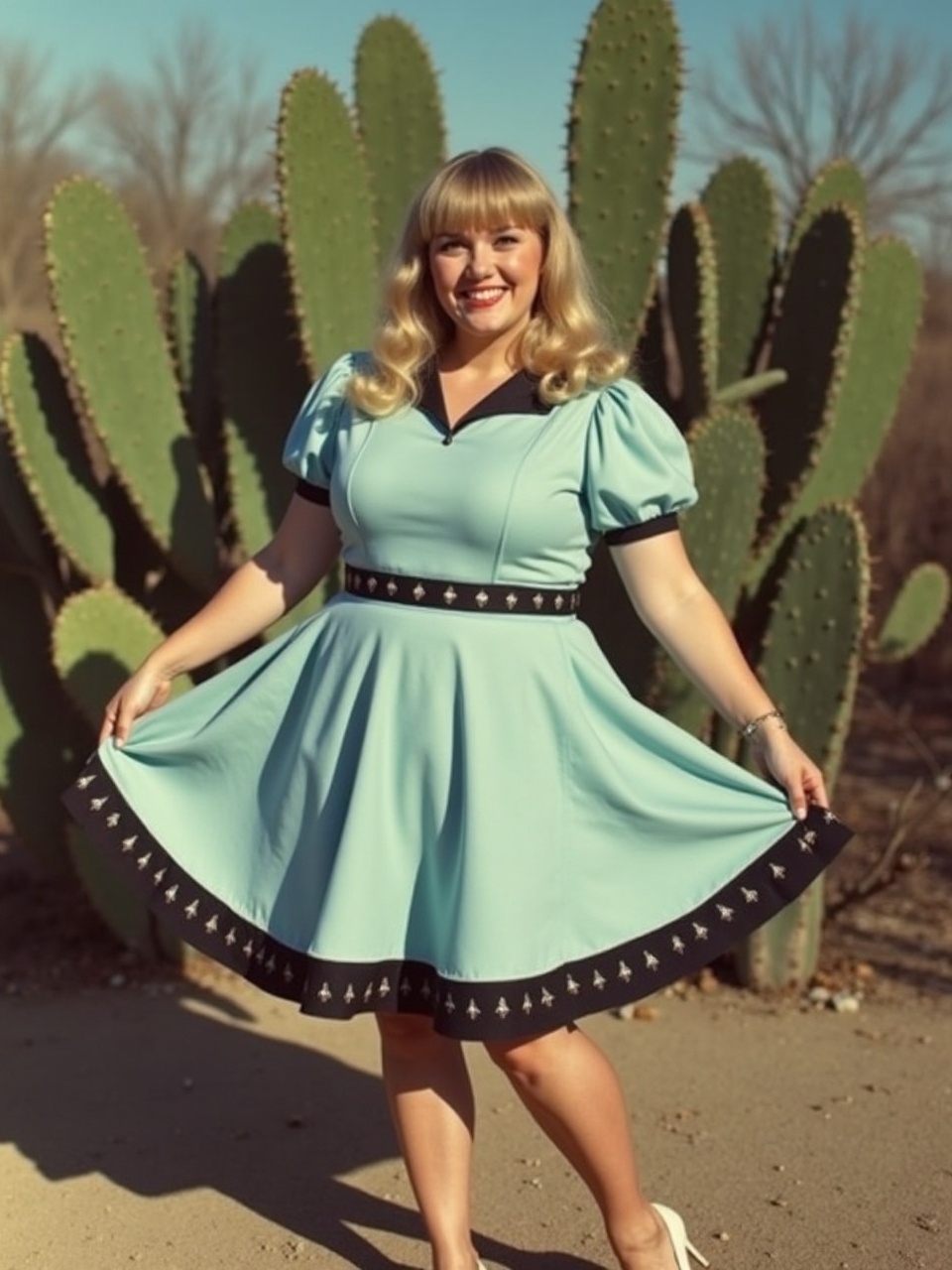 A woman dressed in a vintage-style teal dress with black trim poses joyfully in front of a cluster of large, green cacti. The bright blue sky and dry desert landscape provide a contrasting backdrop, highlighting her vibrant outfit and confident smile. Her stylish blonde hair complements the retro vibe of the outfit.