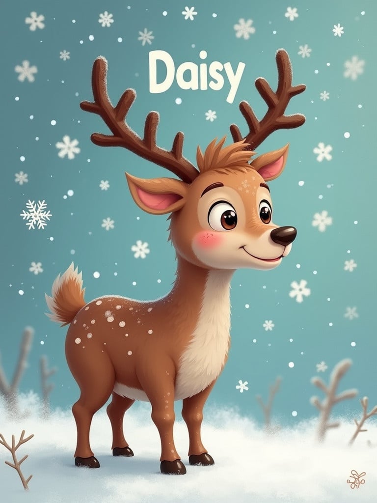 Christmas reindeer named Daisy amidst snowflakes in a winter backdrop. Cute and cheerful design.