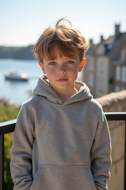 A young boy wearing a sweatshirt stands on a balcony. He has light brown tousled hair. The background shows a sunny harbor in Normandy. The atmosphere is peaceful and quiet.