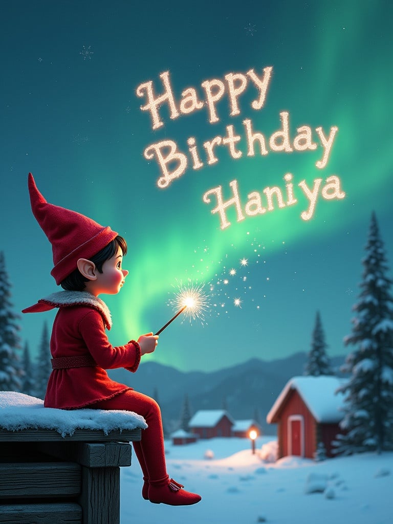 An elf sits on a wooden ledge. The elf gazes at a magical sky. The elf wears a red outfit and a pointed hat. The elf holds a sparkling wand. The elf writes 'Happy Birthday Haniya' in the sky. The background features a snowy landscape with houses and evergreen trees. The Northern Lights illuminate the scene.