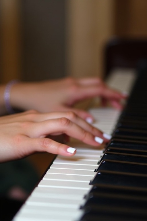 Image shows a close-up of a young woman's hands with white nail polish pressing piano keys. Focus on the hands over black and white keys. Background slightly blurred to emphasize the hands and piano.