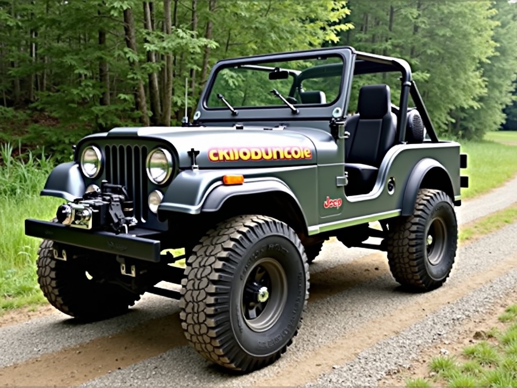 This image showcases a classic 1982 Jeep CJ7, emphasizing its robust design and off-road capability. The vehicle is presented without a hardtop, allowing the interior to be visible. The body of the Jeep is painted in a striking dark gray color. It features factory decals and stripes that highlight its authenticity and heritage. The Jeep is parked on a gravel path, surrounded by lush greenery, which enhances its adventurous spirit. This representation appeals to vintage car enthusiasts and off-road adventurers alike. It captures the essence of 1980s automotive culture and the freedom of open-top driving.