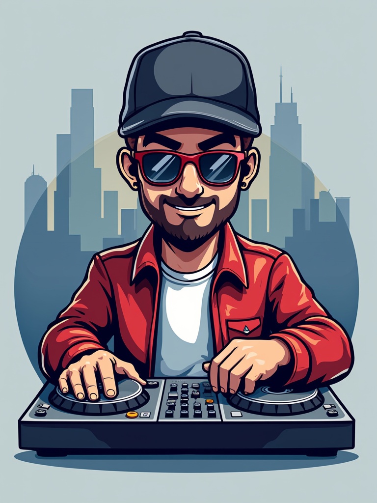 Logo design for DJ agency. Features a DJ at turntables. Urban skyline in background. Colorful and modern design. Represents music and nightlife.