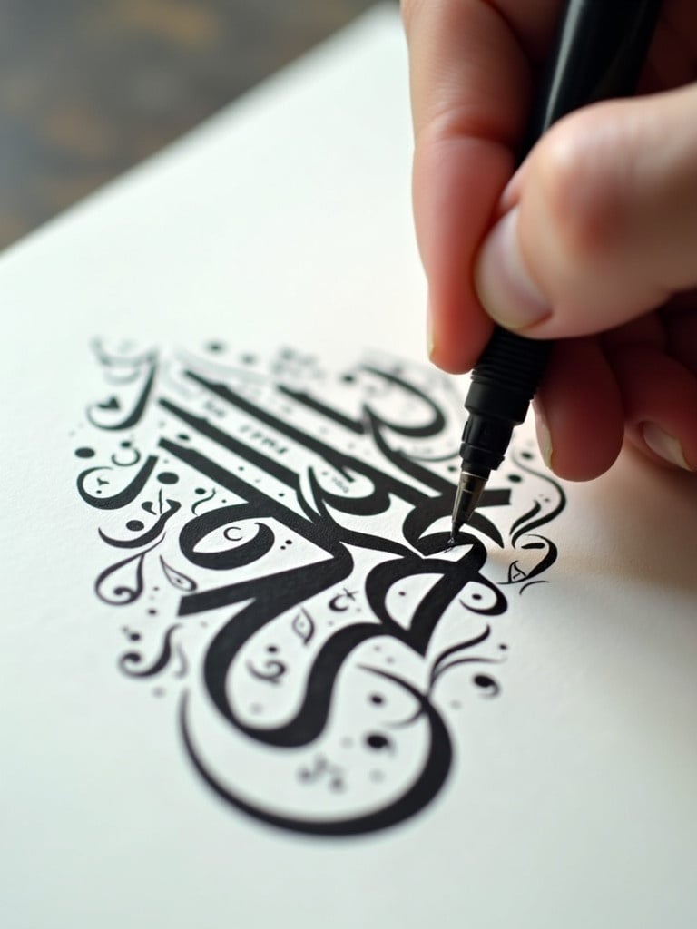 Close-up view of hand using pen to write Arabic calligraphy. Bold black ink on white paper. Hand is steady and focused on letters. Designs surround the main calligraphy. Soft lighting enhances the strokes. Alekya to be written.AliRaza