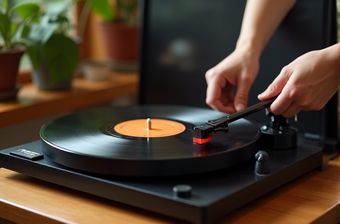 A person delicately adjusts the tonearm of a black turntable playing a vinyl record in a sunlit room with plants.